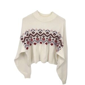 Hollister Cream Fair Isle Mock Neck Sweater Women's Size L Cropped Boxy‎ Cozy